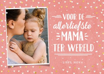 Hippe moederdagkaart met foto, handlettering & hartjes kader