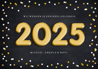 Hippe nieuwjaarskaart met confetti en folieballon 2025