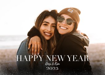 Hippe nieuwjaarskaart met grote foto en happy newyear