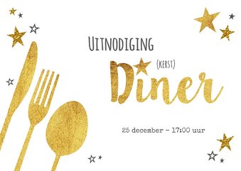 Hippe uitnodiging (kerst) diner goud sterren en bestek