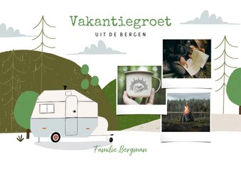 Hippe vakantiekaart kamperen in de bergen en fotocollage