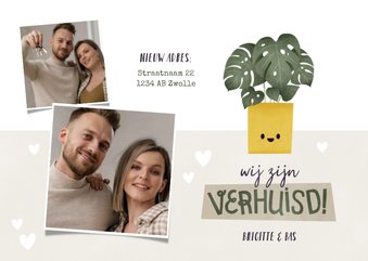 Hippe verhuiskaart met foto's, plantje en hartjes