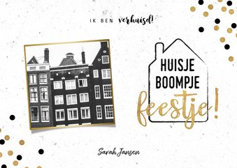 Hippe verhuiskaart met huisje boompje feestje en foto