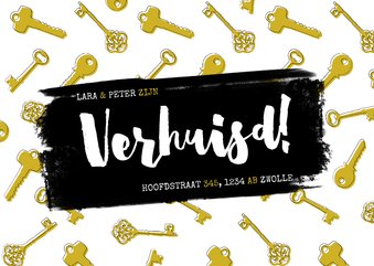 Hippe verhuiskaart met sleutelpatroon en typografie