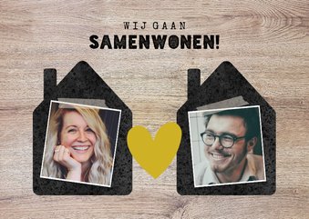 Hippe verhuiskaart 'samenwonen' met huisjes, foto's & hartje