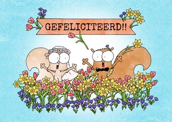 Huwelijksfelicitatie lente met eekhoorntjes in bloemenveld