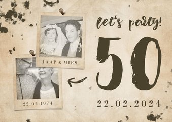 Jubileumkaart 'let's party' vintage met foto's en getal