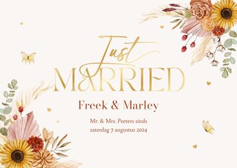 Just married trouwkaart botanisch bloemen vlinder romantisch