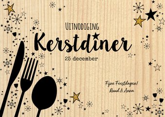 Kerst originele uitnodiging kerstdiner hout en bestek