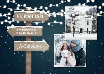 Kerst-verhuiskaart 2 foto's met lampjes en wegwijzerbord