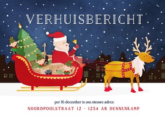 Kerst verhuiskaart arrenslee met verhuisspullen en kerstman