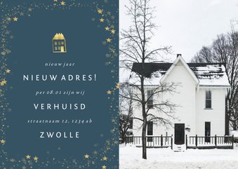 Kerst-verhuiskaart bedrijf met foto en gouden pand