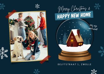 Kerst verhuiskaart huis sneeuwbol happy new home