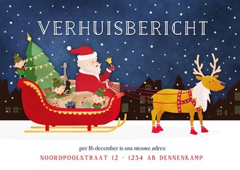 Kerst verhuiskaart met kerstman en inboedel in arrenslee 