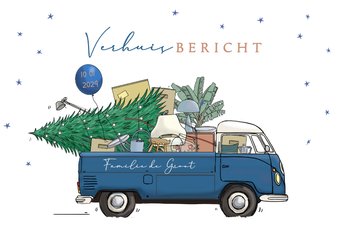 Kerst verhuiskaart vw pickup blauw met verhuisspullen