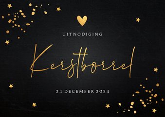 Kerstborrel uitnodiging zwart goudlook confetti