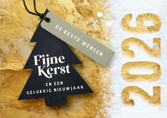 Kerstkaart 2026 in goud met kerstboom label