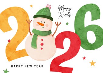 Kerstkaart 2026 merry christmas vrolijk sneeuwpop sterren