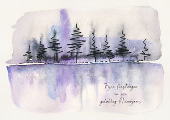 Kerstkaart aquarel kerstbomen met reflectie