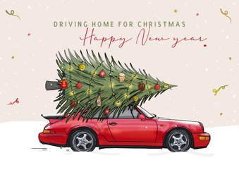 Kerstkaart auto Porsche rood met kerstboom