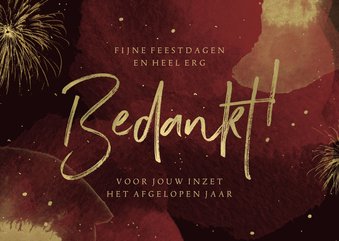 Kerstkaart bedankt medewerkers waterverf rood goud vuurwerk