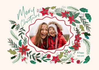 Kerstkaart Botanisch bloemen en schulp rand ovaal