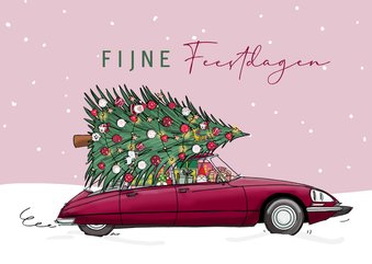 Kerstkaart Citroen DS bordeaux rood met kerstboom
