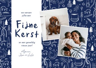 Kerstkaart delfts blauwe tekeningen met foto fijne kerst