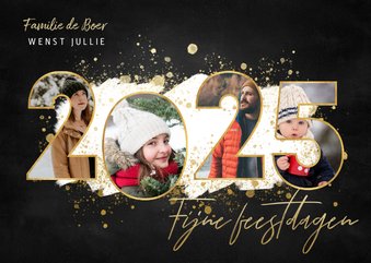 Kerstkaart fijne feestdagen fotocollage 2025 gouden spetters