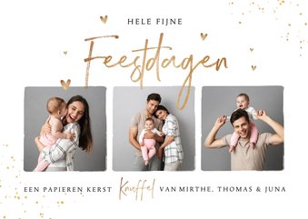 Kerstkaart fijne feestdagen fotocollage goud hartjes