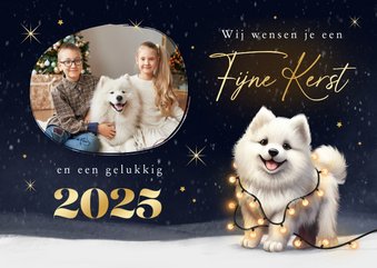 Kerstkaart foto kerst hond Samojeed puppy winter lampjes