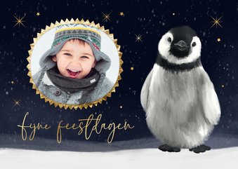 Kerstkaart foto pinguïn winter sneeuw sterren feestdagen