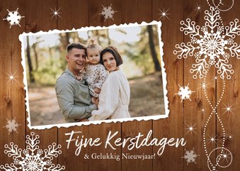 Kerstkaart foto sneeuwvlokken houtlook rechthoekig