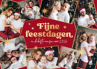 Kerstkaart fotocollage fijne feestdagen gouden sterren rood