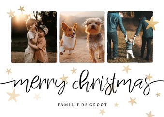 Kerstkaart fotocollage met gouden sterren