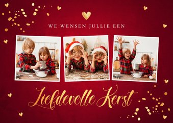 Kerstkaart fotocollage rood confetti goudlook