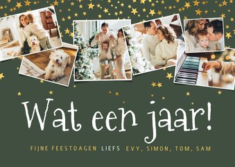 Kerstkaart fotocollage wat en jaar sterren goud