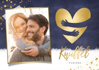 Kerstkaart gouden hart met papieren knuffel en eigen foto