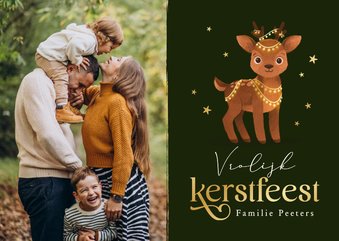 Kerstkaart hertje kerstlampjes sterren foto dieren vrolijk