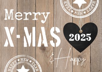 Kerstkaart houtlook hartje typografie 2025