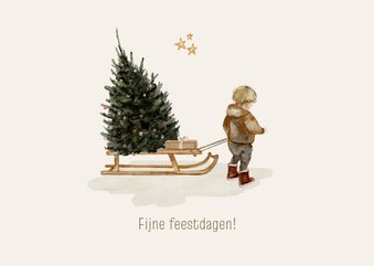 Kerstkaart illustratie jongetje met slee en kerstboom