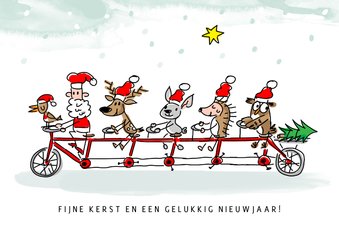 Kerstkaart kerstman en dieren op tandem