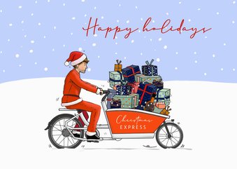 Kerstkaart kerstman op bakfiets