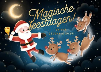 Kerstkaart kerstman rendieren maan 'Magische feestdagen'