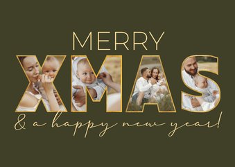 Kerstkaart letters XMAS gouden randje met eigen foto's erin