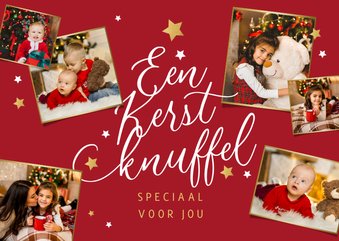 Kerstkaart liefdevol fotocollage kerstknuffel goud sterren