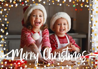 Kerstkaart liggend gouden sterren met confetti en foto