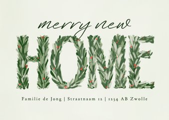 Kerstkaart merry new home dennentakjes besjes