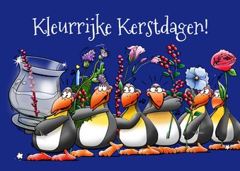 Kerstkaart met 6 pinguïns met een glazen vaas bloemen 