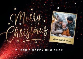 Kerstkaart met foto en in goud 'Merry Christmas'